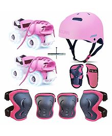 Jaspo Marshall illumi Premium Skating kit Adjustable Quad Roller Skates for Kids with LED PU Wheels and Superior Protective Gear Combo, (Pink)