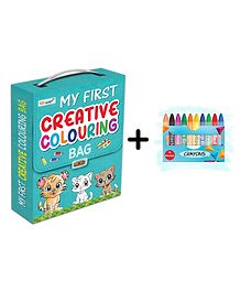 My first Creative colouring bag and 10 WAX CRAYONS : Coloring book collection, My first colouring book, Learning coloring kit, Colours,Numbers,Alphabet & more| Combo of colouring bag & 10 free crayons