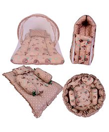 Babytoons New Born Bedding Combo of Mattress with Net | Baby Sleeping Bag | 4Pcs Gadda Set | Nest Bed with 4 Pillows (0-12 Months) Brown