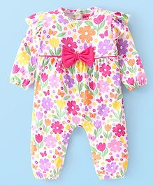Babyhug 100% Interlock Cotton Knit Full Sleeves Rompers With Floral Print & Bow Applique - Multicolour