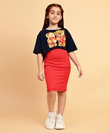 Little Marine Ribbed A Line Dress With Half Sleeves Teddy Printed Crop Top  - Black & Red