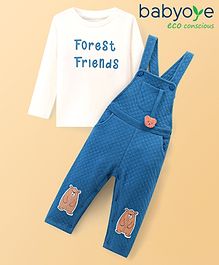 Babyoye 100% Cotton Quilted Full Sleeves T-Shirt & Dungaree Set Animal & Text Print - Blue