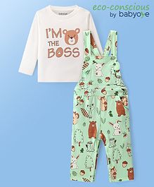 Babyoye 100% Cotton Quilted Dungaree With Full Sleeves Inner Tee & Animal Print - Multicolour