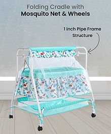 Onyx Baby Cradle with Mosquito Net & Wheel - Sea Green| Soft Mattress| Wheels with Lock| Easy to Assemble - Sea Green