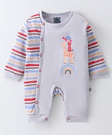 Mini Taurus Cotton Knit Full Sleeves Romper With Animal Print & Stripes - Grey