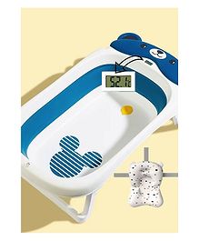 BabyTeddy Patented New Improved 2023 Model Large Baby Bath Tub Collapsible,Anti Skid with Bath Cushion and Thermometer (Temperature Indicator,  Blue)