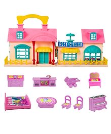 WISHKEY Plastic Doll House for Kids, Role Play Set Dolls House for Girls, Doll House Set with 9 Accessories, Toy House for Girls Pink, (Pack of 1)