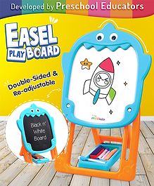 Intelliskills Premium Double-Sided Adjustable Chalk Board & Magnetic Marker Easel Board for Kids | Educational Playboard for Drawing and Learning | Child-Safe and BIS Certified Rattle Sound |Blue & Orange | Ideal for Gifting