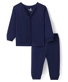 Doodle Poodle Knitted Full Sleeves Front Open Thermal Vest and Pant Set with Solid Colour - Navy Blue