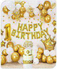 First Birthday 73 pcs Premium DIY  Gold Decoration Kit | Happy Birthday Decoration items for Kids Boy Girl| Golden, Silver and White Balloons