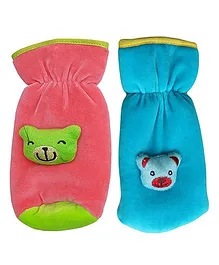 My NewBorn Velvet Bottle Cover Teddy Motif Upto 240 ml Pack of 2 - Pink Aqua