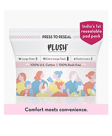 Plush Ultra-Thin Sanitary Pads for Women- 28 Pcs, 16 L Light Flow, 12 XL Medium Flow & 4 Panty Liners , 100% Rash-Free ,Pure U.S. Cotton Pads, Resealable Pad Packaging 