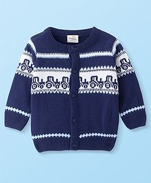 Doodle Poodle Knitted Full Sleeves Front Open Sweater with Jaquard Knit Design - Navy Blue