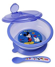 Babyhug Disney Mickey Mouse Designed Suction Bowl with Lid & Spoon Blue  - 300 ml