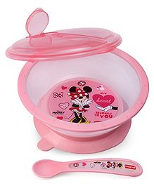 Babyhug Disney Minnie Mouse Designed Suction Bowl with Lid & Spoon Pink  - 300 ml