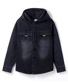 Arias Woven Full Sleeves Hooded Denim Jacket With Text Print - Black