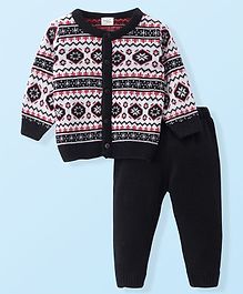 Doodle Poddle Knitted Full Sleeves Front Open Sweater Set with Aztec Design - White & Black