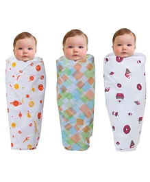 Wonder Wee Mulmul Cotton Swaddle Wrappers Food Print Pack of 3 - White