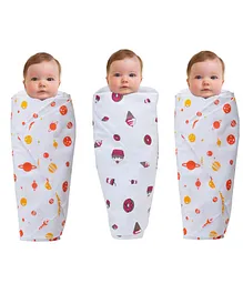 Wonder Wee Muslin Cotton Swaddle Wrappers Planet Print Planet Print Pack of 3 - Yellow Red