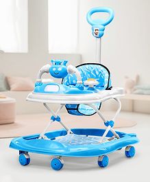 -Baby Dino Musical walker with Adjustable Height Parental Handle Foot Mat & Musical Activity cum Feeding Tray -Detachable Cushioned Seat - 360° Rotational Wheels - Blue