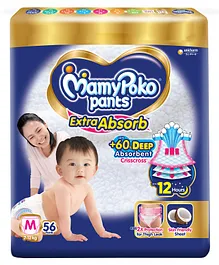 MamyPoko Pants Extra Absorb Baby Diapers,
                        Medium (M size) | 7-12 kg | 56 Count |Deep Sleep
                        Diapers| Soft gentle fit |Deep Absorbent
                        Crisscross | skin friendly with coconut oil |