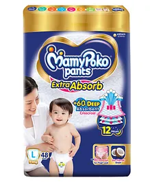 MamyPoko Pants Extra Absorb Baby Diapers,
                        Large (L size) | 9-14 kg | 48 Count |Deep Sleep
                        Diapers| Soft gentle fit |Deep Absorbent
                        Crisscross | skin friendly with coconut oil |