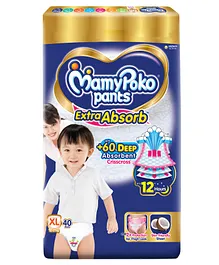 MamyPoko Pants Extra Absorb Baby Diapers,
                        Extra Large (XL size) | 12-17 kg | 40 Count
                        |Deep Sleep Diapers| Soft gentle fit |Deep
                        Absorbent Crisscross | skin friendly with
                        coconut oil |