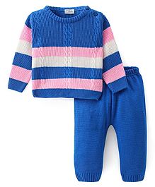 Doodle Poodle Knitted Full Sleeves Striped Sweater Set with Cable Knit Design - Blue & Pink