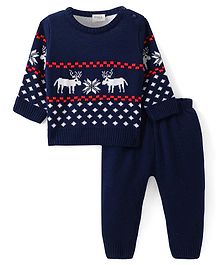 Doodle Poodle Knitted Full Sleeves Sweater Set with Christmas Design - Navy Blue