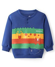 Doodle Poodle 100% Cotton Light Weight Looper Knit Color Block Sweatshirt with Animals Print - Blue