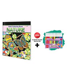 Nature - Adult Colouring Book With 12 Water Colour Sketch Pen : Art Colouring Kit for Adults & Kids, Relaxing Coloring art, Stress Relief Coloring, Coloring Book for Adults