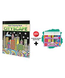 Cityscape - Adult Colouring Book With 12 Water Colour Sketch Pen : Art Colouring Kit for Adults & Kids, Creative Coloring book, Mindful Art Coloring, Coloring Adventure Book, Fun colouring and Adults