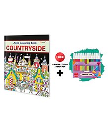 Countryside - Adult Colouring Book With 12 Water Colour Sketch Pen : Art Colouring Kit for Adults, Coloring book for Relaxation, Art Coloring Book, Coloring for Adults and Kids