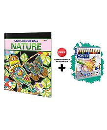 Nature - Adult Colouring Book with 12 Colour Pencils + 1 Sharpner : Art Coloring Book for Adults, Calming Coloring Book, Mindful Art Coloring, Coloring Book for Adults