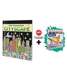 Cityscape - Adult Colouring Book with 12 Colour Pencils + 1 Sharpner : Coloring kit for adults, Art Coloring Book for Adults, Relaxation Coloring Book, Colouring book for peace and relaxation