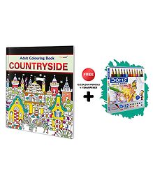 Countryside - Adult Colouring Book with 12 Colour Pencils + 1 Sharpner : Coloring kit for Adults, Mindful Coloring Art, Creative Art Therapy Book, Colouring book for peace and relaxation