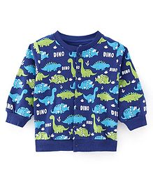 Doodle Poodle 100% Cotton Light Weight  Looper Knit Full Sleeves Front Open Printed Sweatjacket with Dino Print - Blue