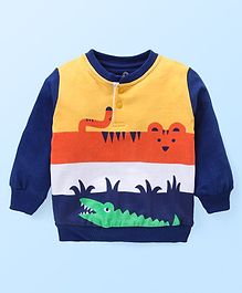 Doodle Poodle 100% Cotton Light Weight Looper Knit Full Sleeves Henley Neck Sweatshirt with Animals Print - Navy Blue