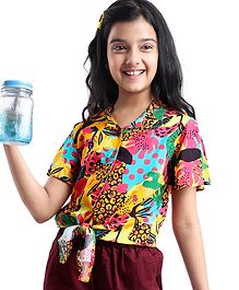 Pine Kids Viscose Woven Half Sleeves Top with Floral Print & Tie Knot Design - Multicolor