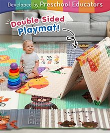 Intelliskills Extra Large Reversible Animal Tribe, Learning & Crawling Foldable Play Mat | Waterproof | Anti-Skid | 6.5 x 4.5 ft, 0.6 cm Thick - Multicolour