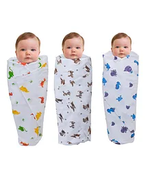 Wonder Wee Printed Mulmul Cotton Swaddle Blanket Pack Of 3 - White & Multicolor