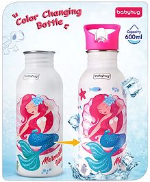 Babyhug Mermaid Theme Stainless Steel Color Changing Magic Bottle Pink - 600 ml
