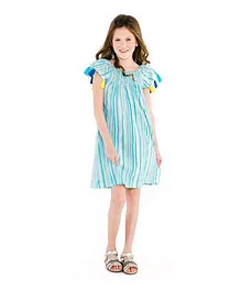 Masala Baby Cap Sleeves Sundancer Dress Metallic Stripe - Turquoise Blue