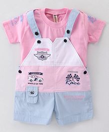 Dapper Dudes Half Sleeves Typography Printed Colour Blocked Dungaree  With Half Sleeves Tee - Pink