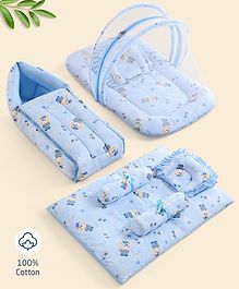 ZOE Bedding Set, Sleeping Bag & Mosquito Net Gadda Combo Set of 3 Bear & Mushroom Print - Blue