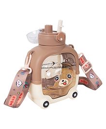 Koochie-Koo Push Button Open Two Way Drinking Sipper Water Bottle for Kids, Cute Water Bottle with Bear Face, Drinking Bottle with Adjustable Shoulder Straps and Stickers, 900 ml (Pack of 1, Brown)