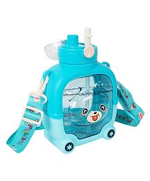 Koochie-Koo Push Button Open Two Way Drinking Sipper Water Bottle for Kids, Cute Water Bottle with Bear Face, Drinking Bottle with Adjustable Shoulder Straps and Stickers, 900 ml (Pack of 1, Blue)