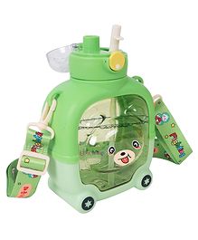 Koochie-Koo Push Button Open Two Way Drinking Sipper Water Bottle for Kids, Cute Water Bottle with Bear Face, Drinking Bottle with Adjustable Shoulder Straps and Stickers, 900 ml (Pack of 1, Green)
