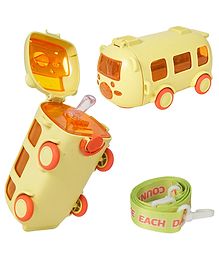 Koochie-Koo Cute Bus Shape Sipper Water Bottle for Kids, Push Button Open Sipper Bottle with Soft Silicone Nozzle, Drinking Bottle with Shoulder Straps and Stickers, 500 ml (Pack of 1, Yellow)