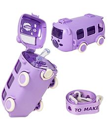 Koochie-Koo Cute Bus Shape Sipper Water Bottle for Kids, Push Button Open Sipper Bottle with Soft Silicone Nozzle, Drinking Bottle with Shoulder Straps and Stickers, 500 ml (Pack of 1, Purple)